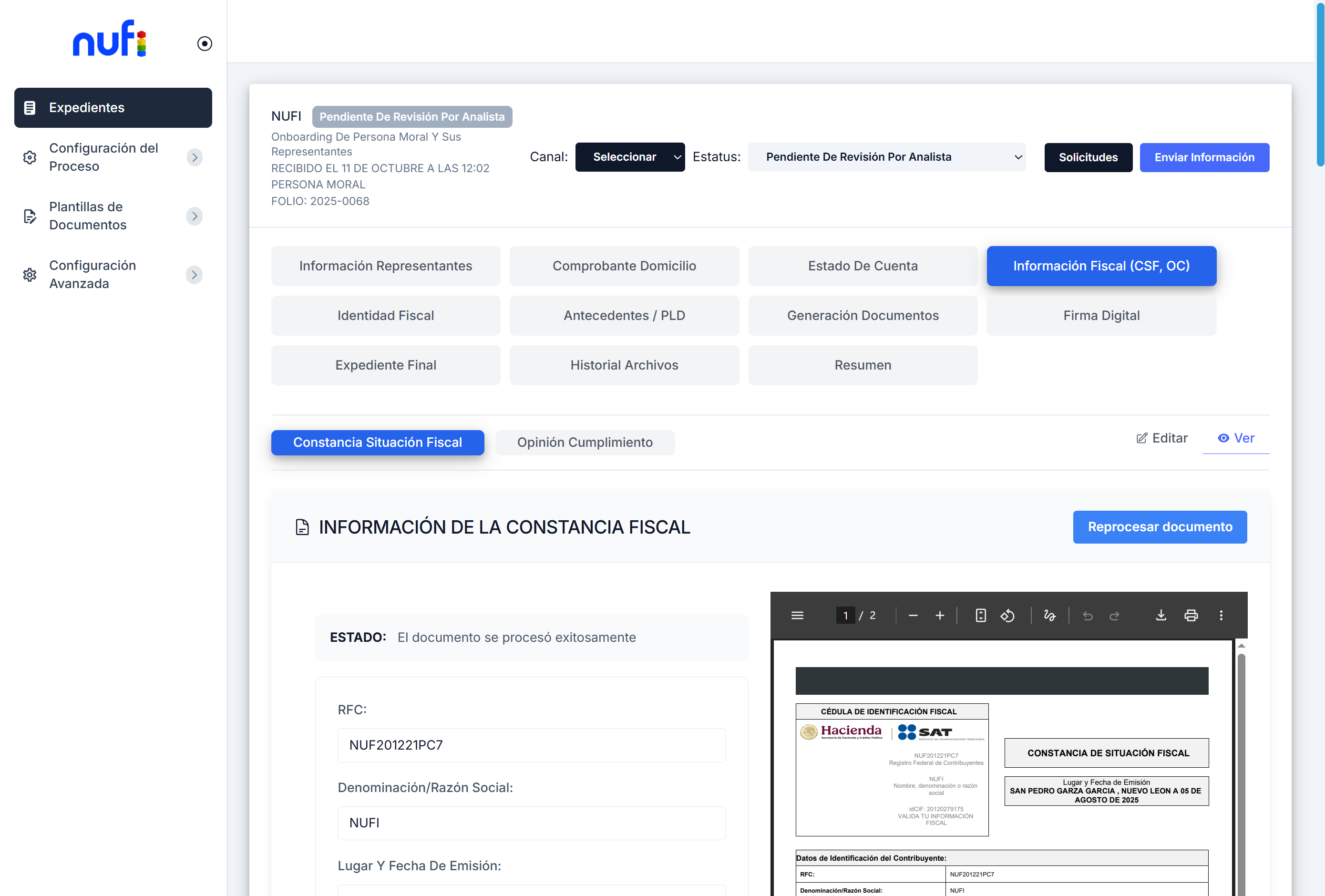 Interfaz de revisión y validación de analista en Nufi