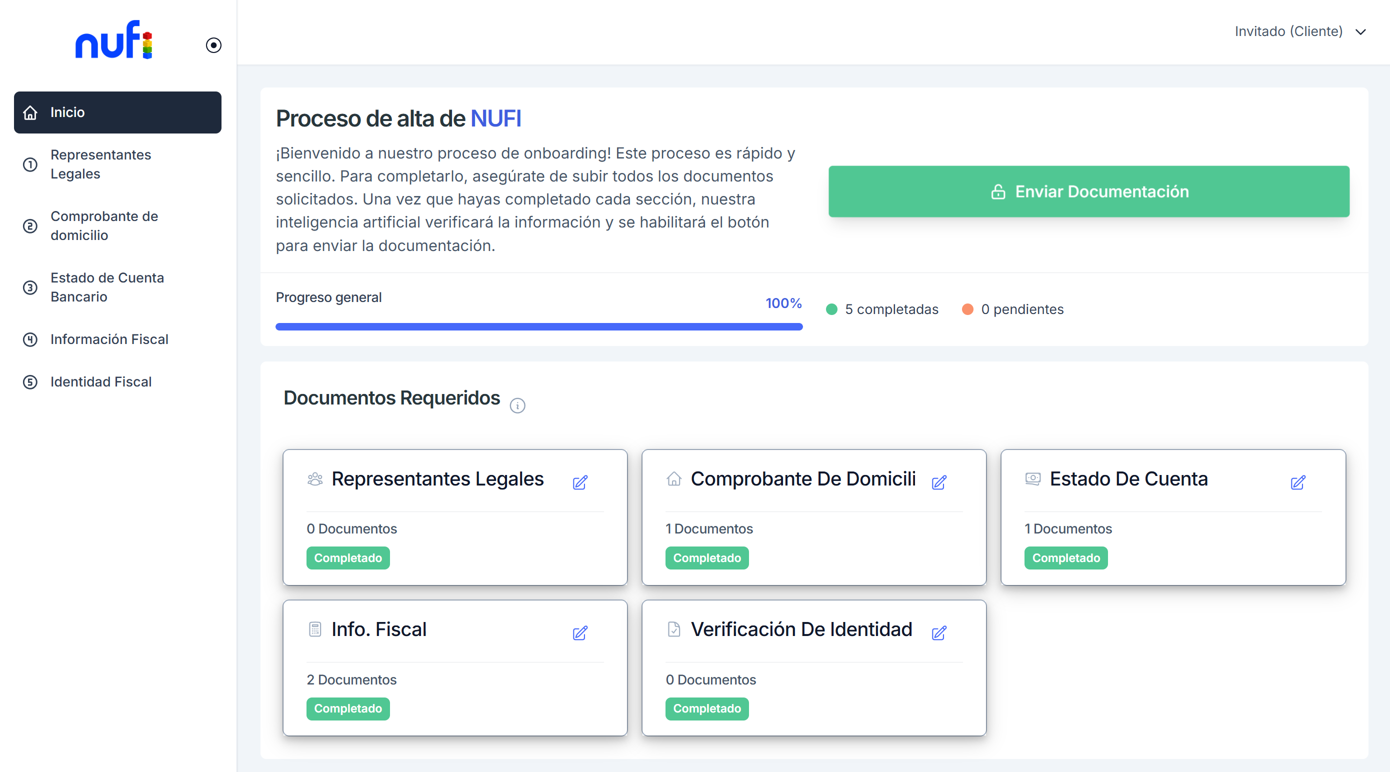 Interfaz de carga de documentos para clientes en Nufi