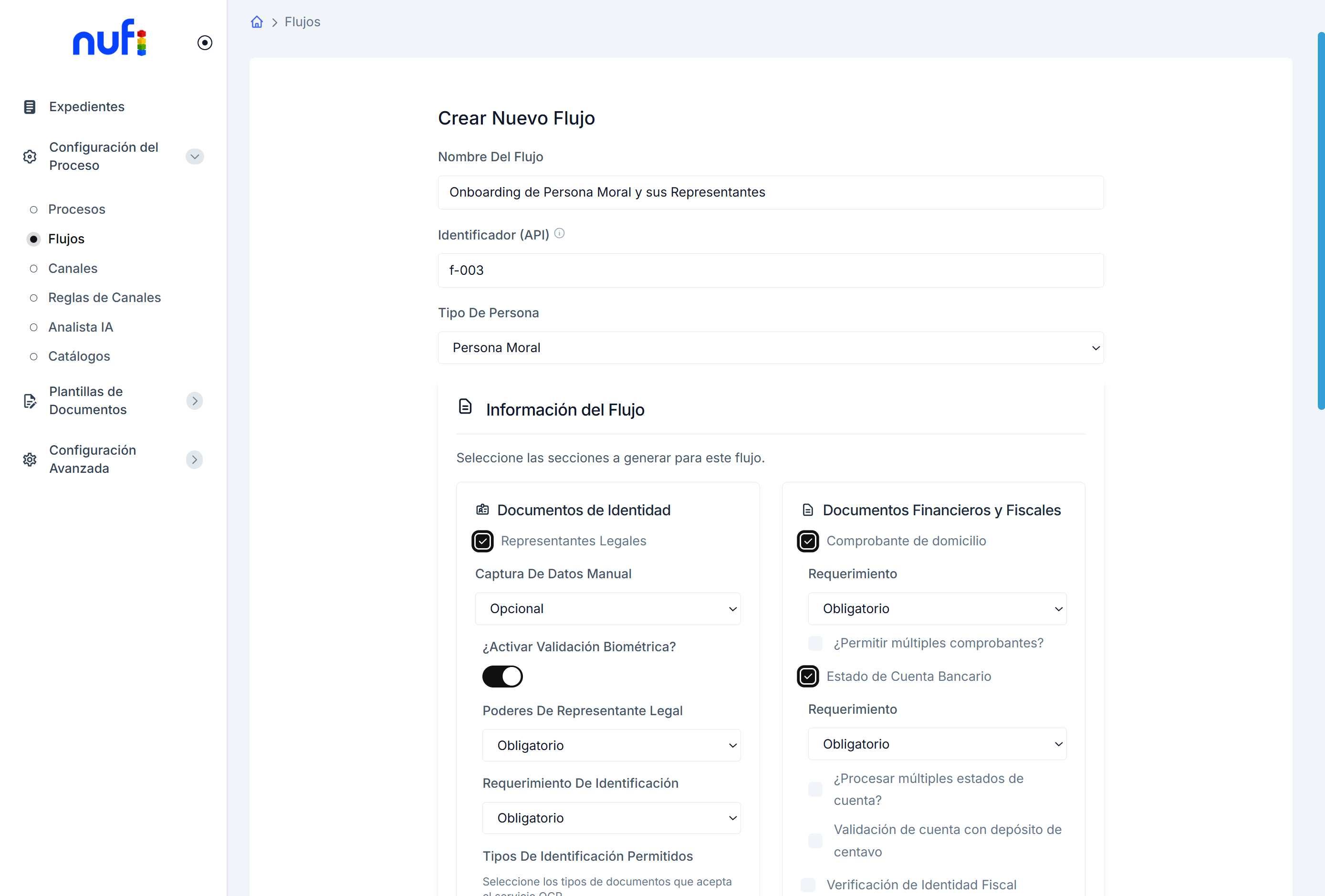 Interfaz de creación de flujo KYB en Nufi