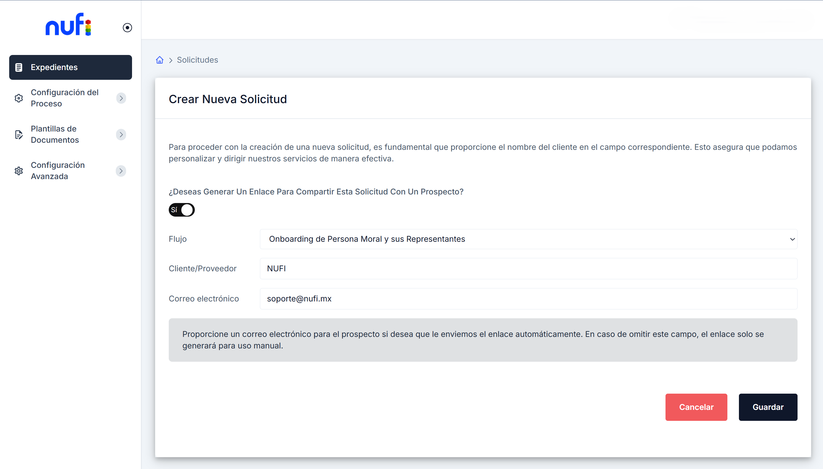 Interfaz de creación de solicitud en Nufi